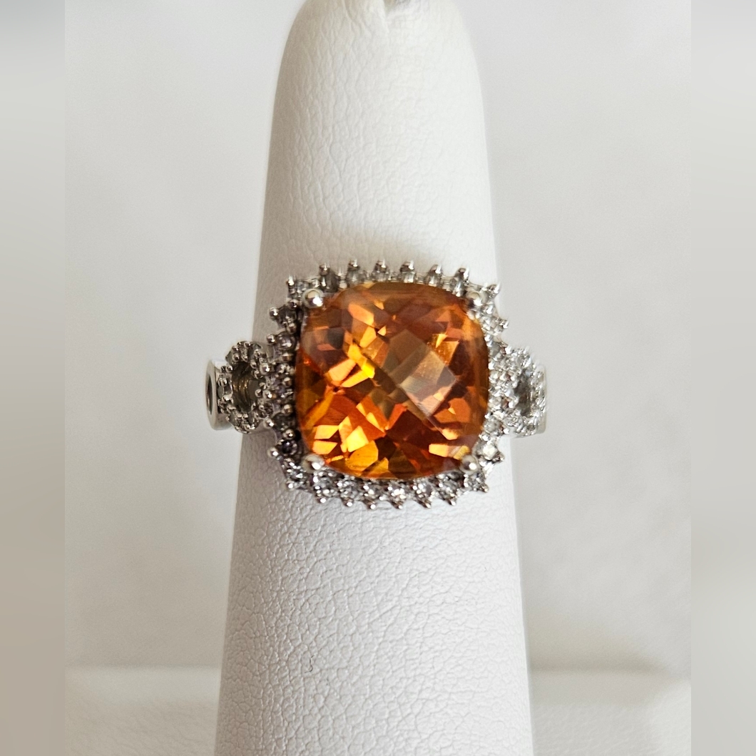 10k White Gold 4ct Autumn Topaz Ring Natural Diamond Halo Checkerboard Cut 4.5g